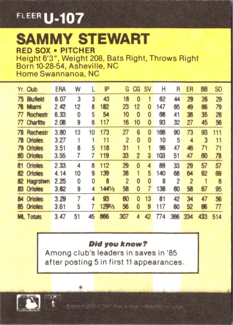 1986 Fleer Update Sammy Stewart