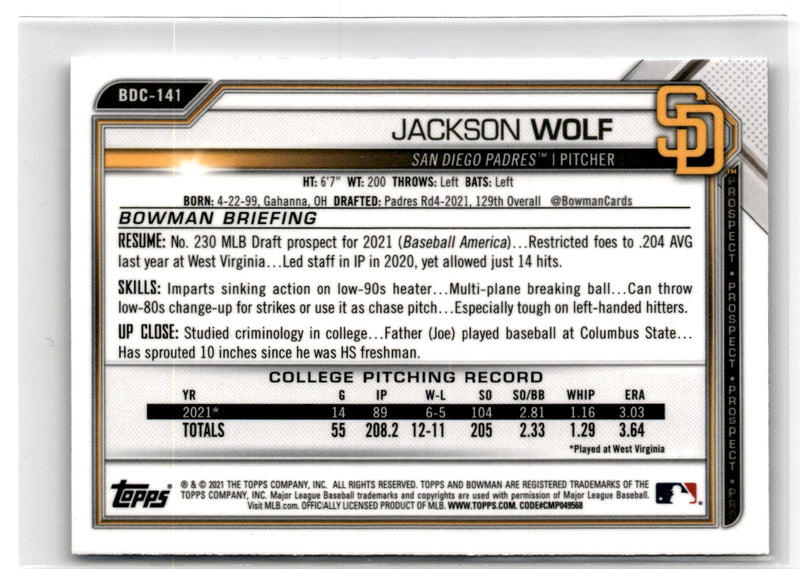 2021 Bowman Draft Chrome Jackson Wolf