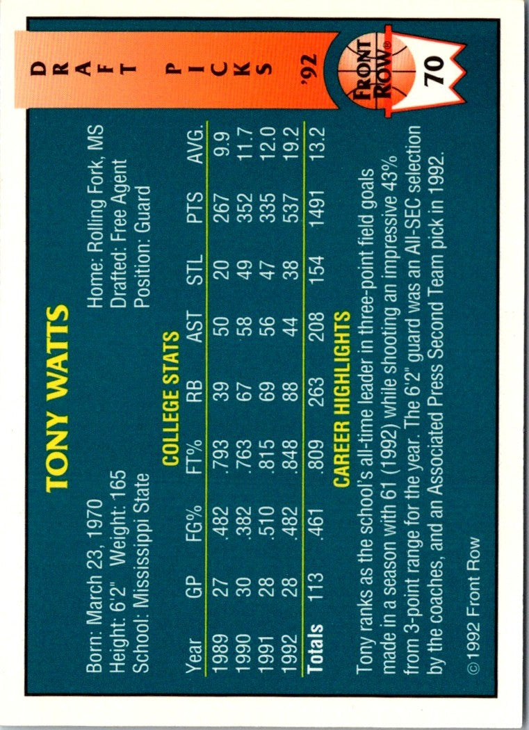 1992 Front Row Draft Picks Tony Watts