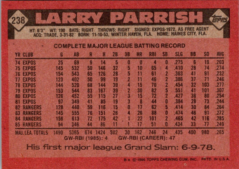 1986 Topps Larry Parrish