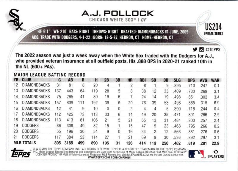 2022 Topps Update A.J. Pollock