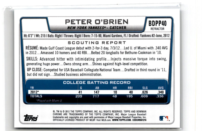 2012 Bowman Draft Picks & Prospects Chrome Peter O'Brien