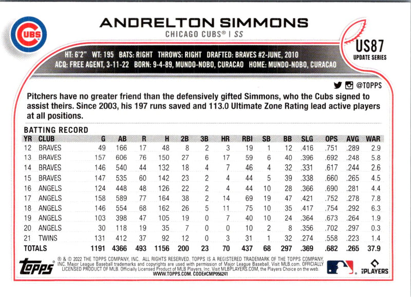 2022 Topps Update Andrelton Simmons