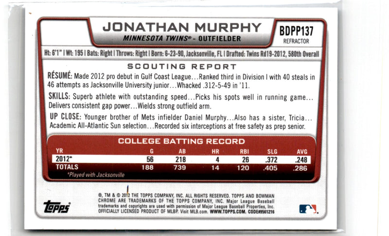 2012 Bowman Draft Picks & Prospects Chrome Jonathan Murphy