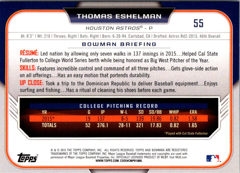 2015 Bowman Draft Picks & Prospects Thomas Eshelman