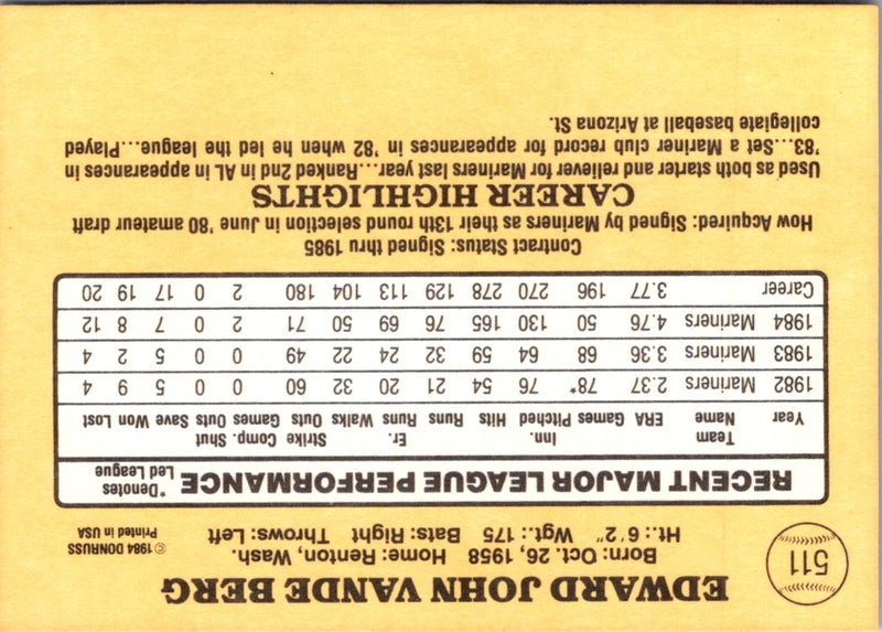 1985 Donruss Ed Vande Berg