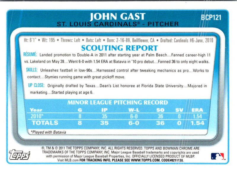 2011 Bowman Chrome Prospects John Gast