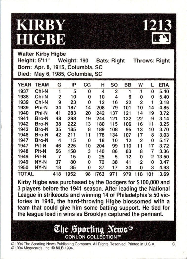 1994 Conlon Collection TSN Kirby Higbe