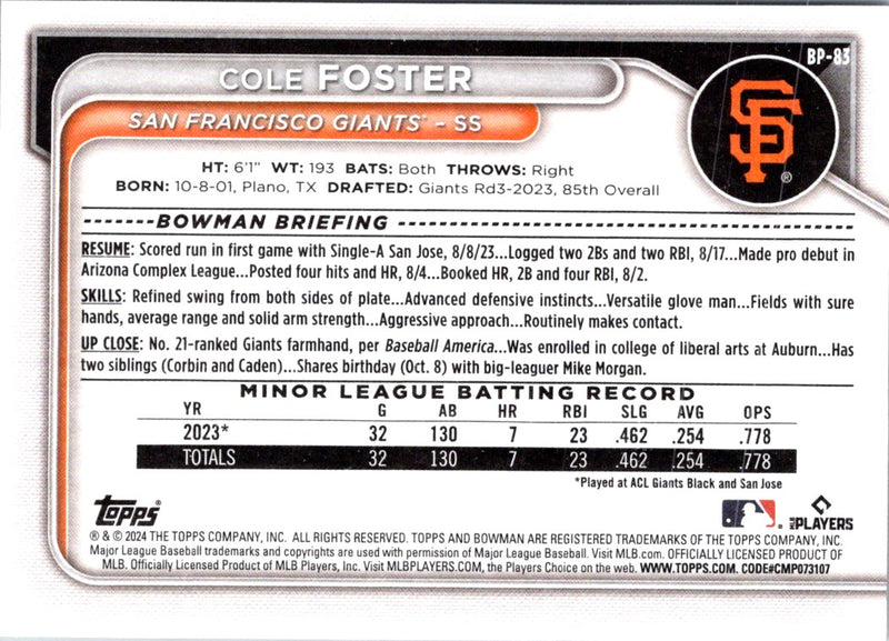 2024 Bowman Prospects Cole Foster