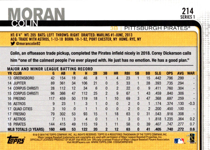 2019 Topps Pittsburgh Pirates Colin Moran