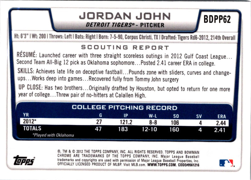 2012 Bowman Draft Picks & Prospects Chrome Jordan John