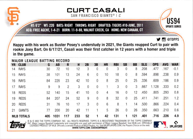 2022 Topps Update Curt Casali