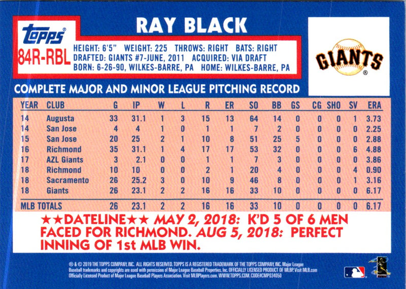 2019 Topps 1984 Baseball Rookies Ray Black