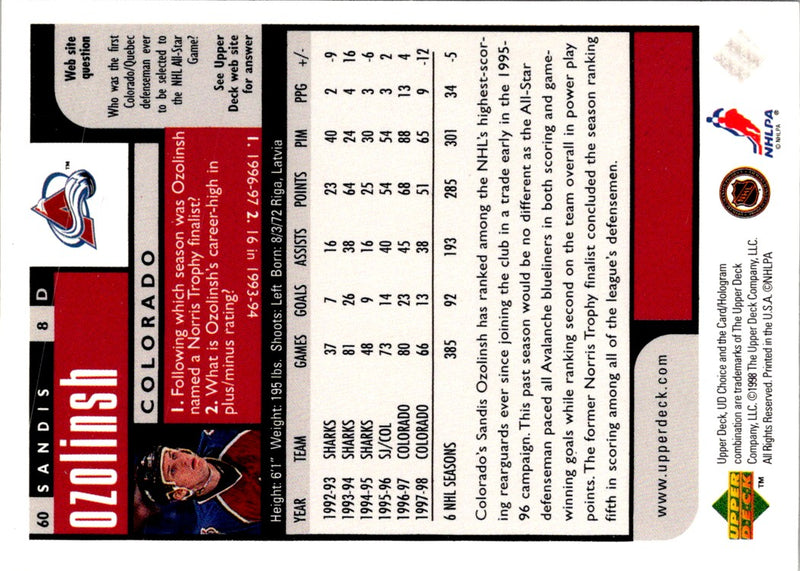 1998 UD Choice Reserve Sandis Ozolinsh