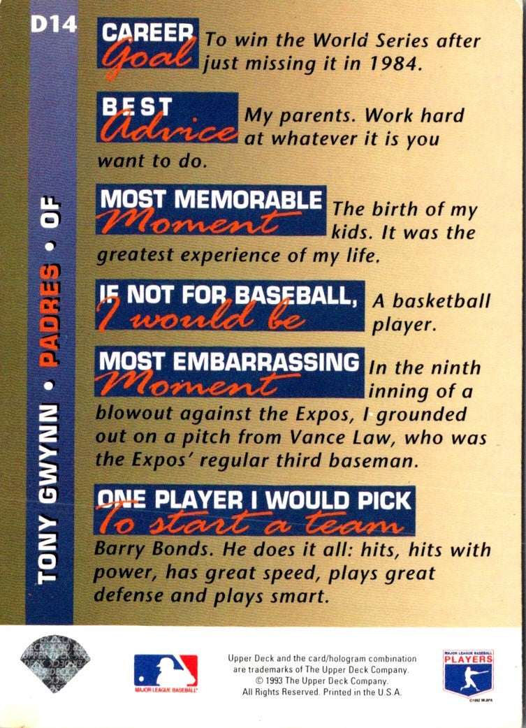 1993 Upper Deck On Tony Gwynn