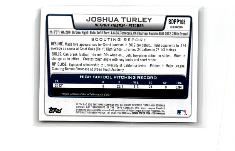 2012 Bowman Draft Picks & Prospects Chrome Joshua Turley