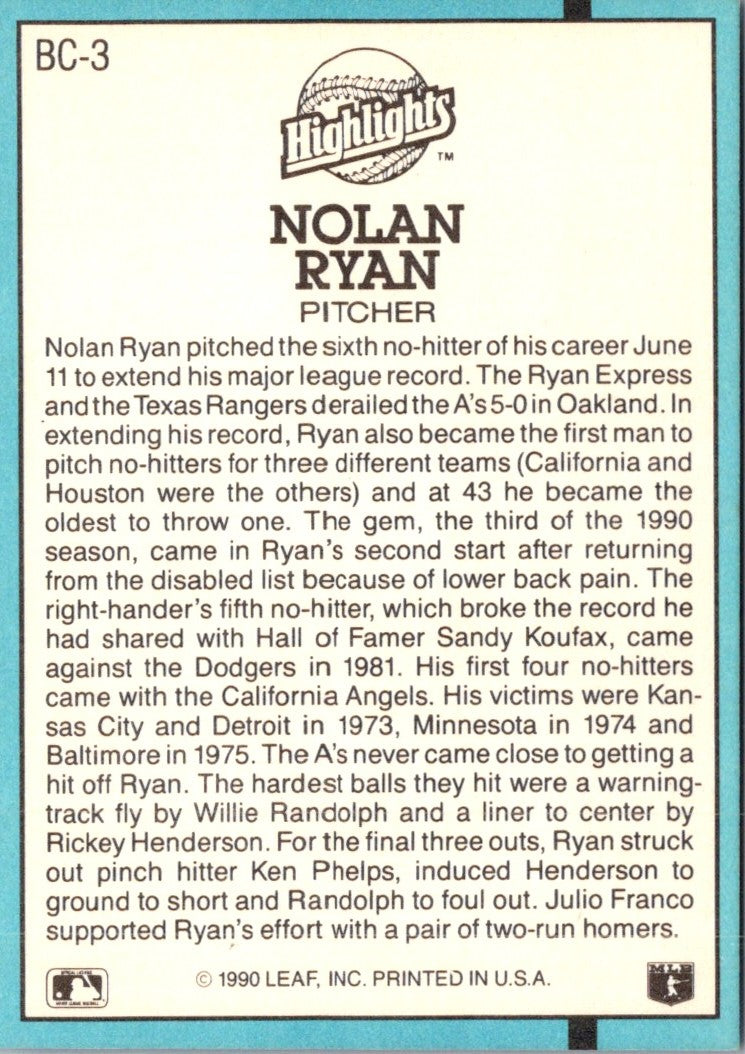 1991 Donruss Bonus Cards Nolan Ryan