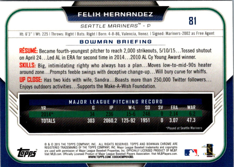 2015 Bowman Chrome Felix Hernandez