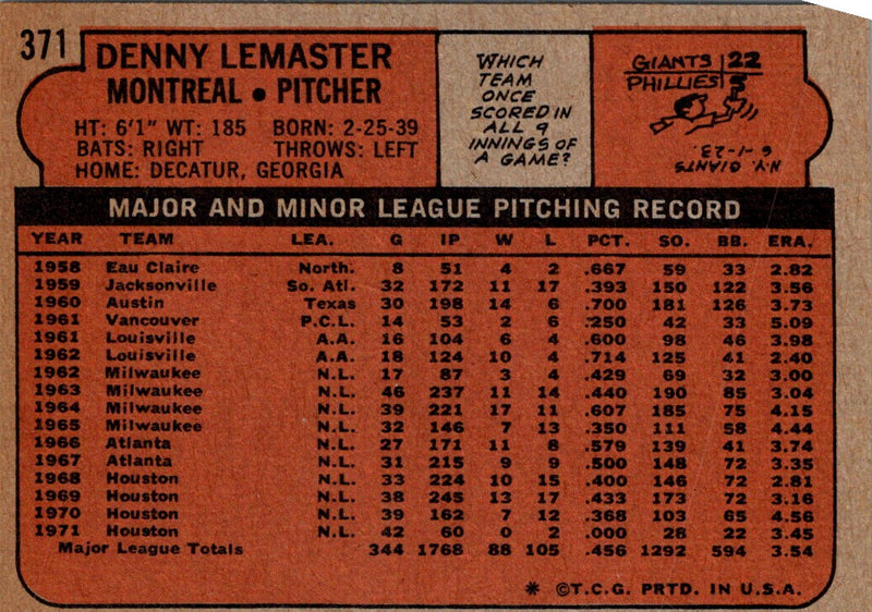 1972 Topps Denny Lemaster