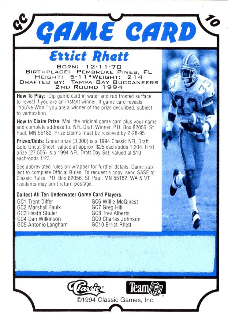 1994 Classic NFL Draft Game Cards Errict Rhett