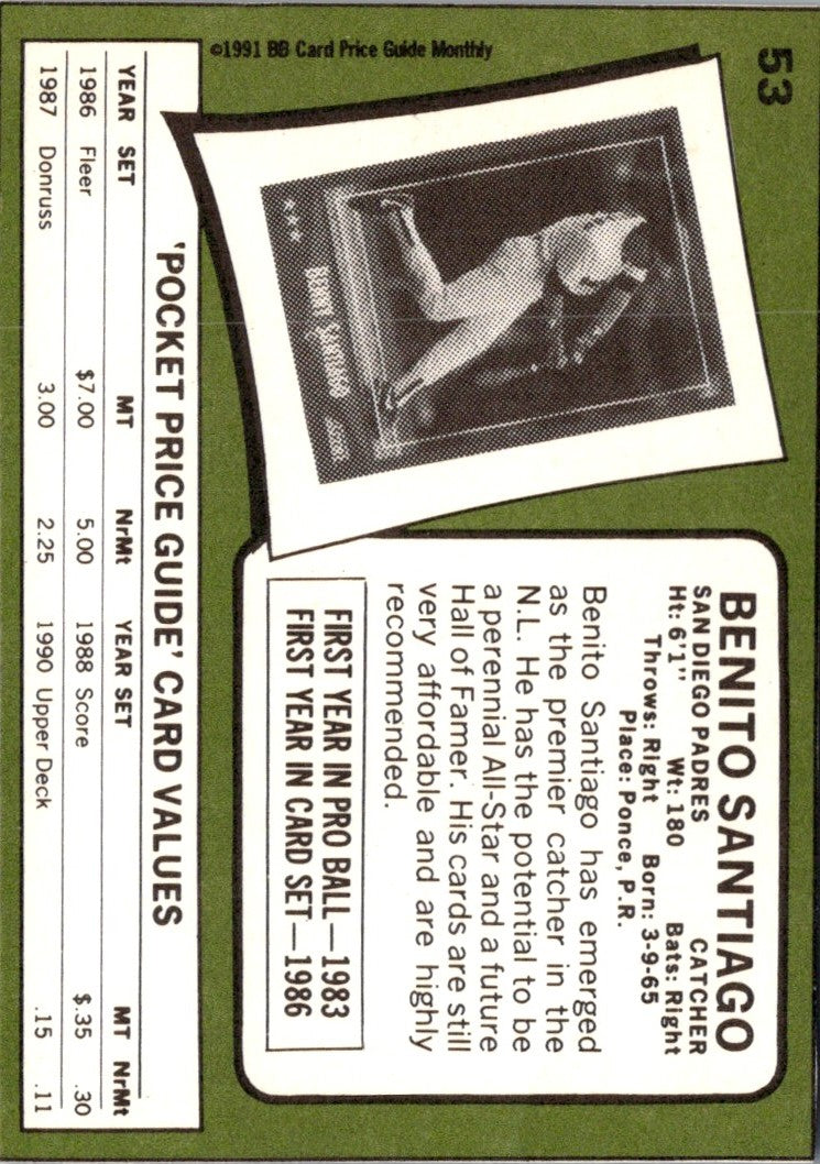 1991 SCD Baseball Card Price Guide Monthly Pocket Guides Benito Santiago