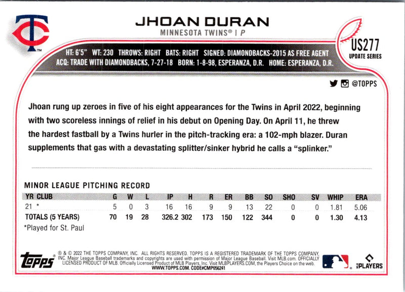 2022 Topps Update Jhoan Duran