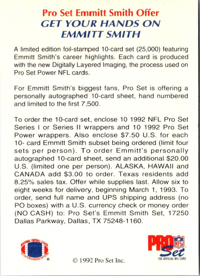 1992 Pro Set Emmitt Smith Power Offer Emmitt Smith