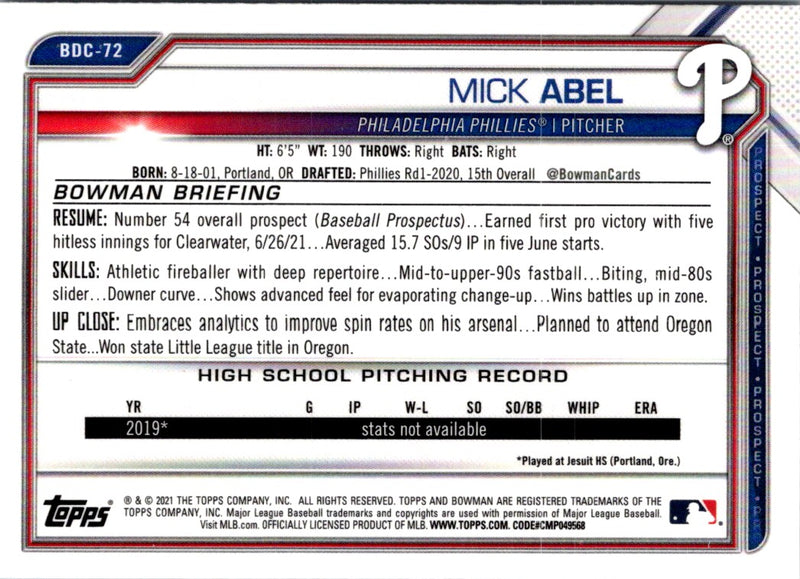 2021 Bowman Draft Chrome Mick Abel