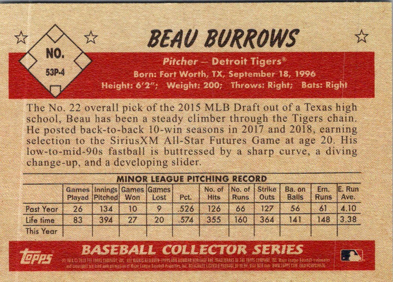 2019 Bowman Heritage Prospects Beau Burrows