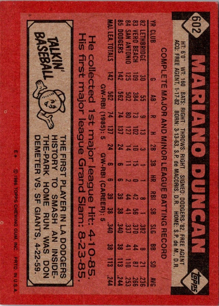 1986 Topps Mariano Duncan