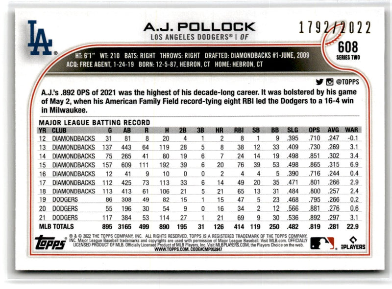 2022 Topps Gold A.J. Pollock