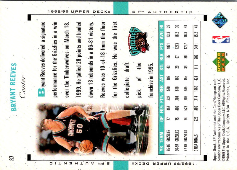 1998 SP Authentic Bryant Reeves