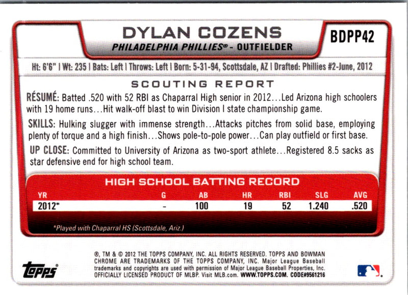 2012 Bowman Draft Picks & Prospects Chrome Dylan Cozens