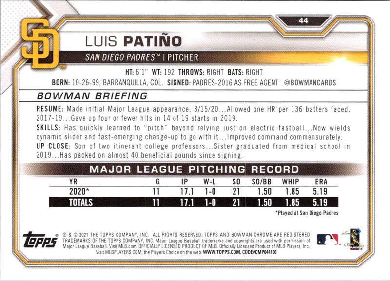 2021 Bowman Luis PatiÃ±o