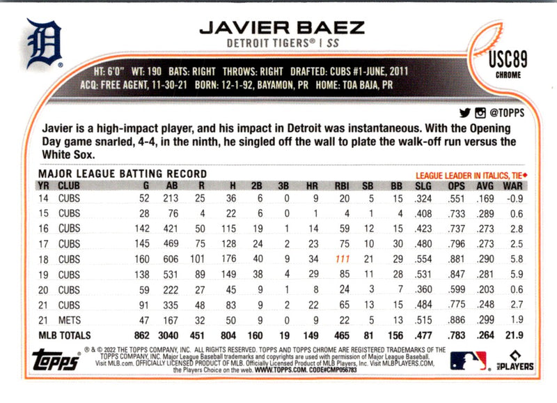 2022 Topps Chrome Update Javier Baez