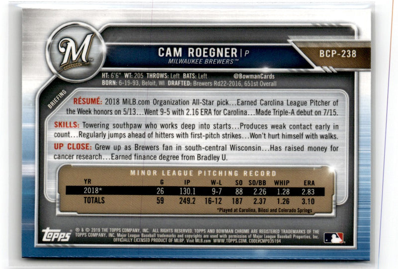 2019 Bowman Chrome Prospects Cam Roegner