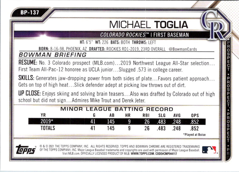 2021 Bowman Prospects Michael Toglia