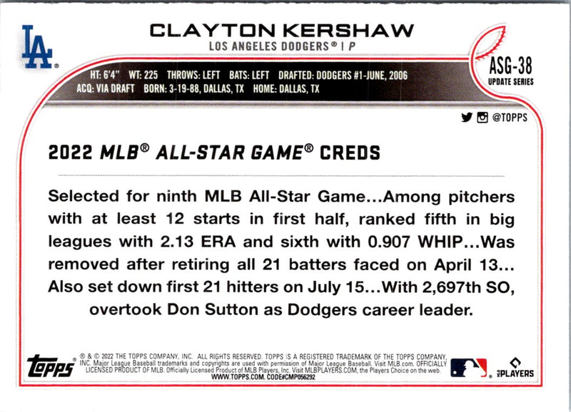 2022 Topps Update 2022 MLB All-Star Game Clayton Kershaw