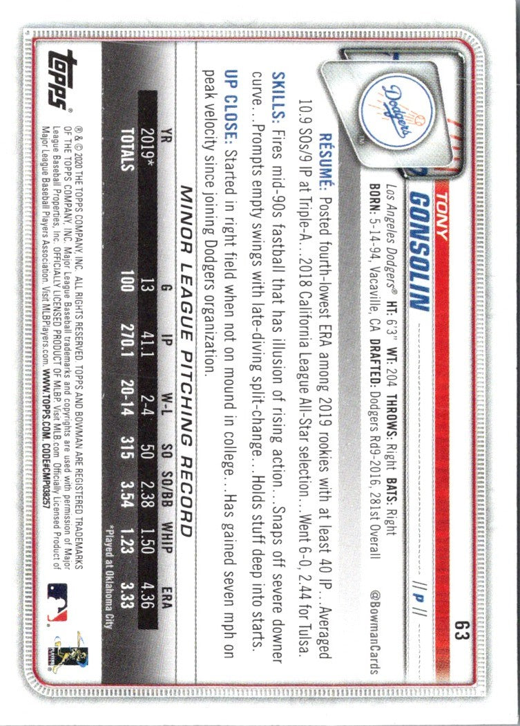 2020 Bowman Tony Gonsolin