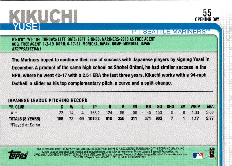 2019 Topps Opening Day Yusei Kikuchi