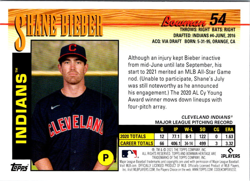 2021 Bowman Heritage Shane Bieber