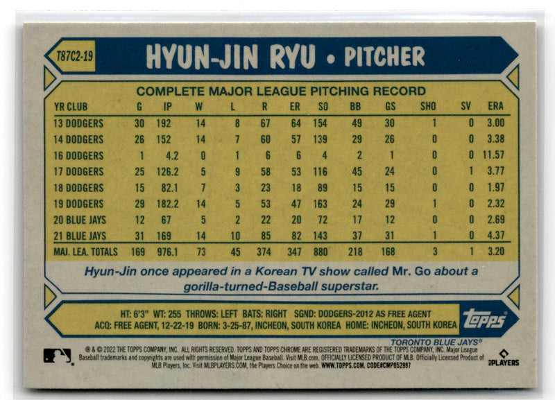 2022 Topps 1987 Baseball Chrome Hyun-Jin Ryu