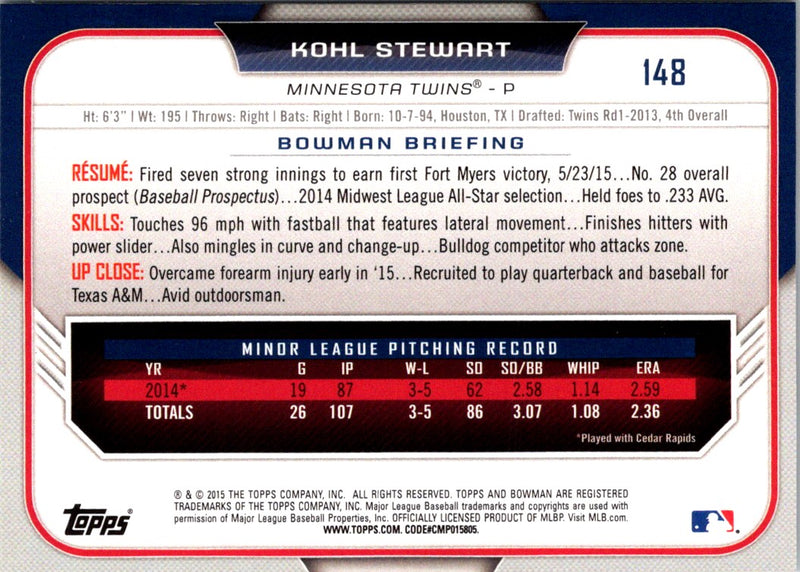 2015 Bowman Draft Picks & Prospects Kohl Stewart