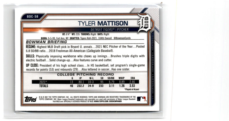 2021 Bowman Draft Chrome Sapphire Tyler Mattison