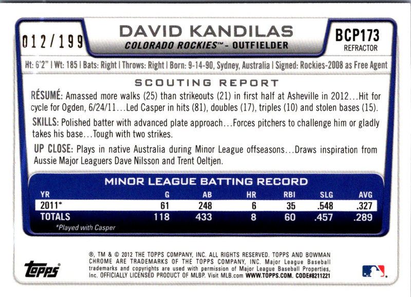 2012 Bowman Chrome Prospects Purple Refractor David Kandilas