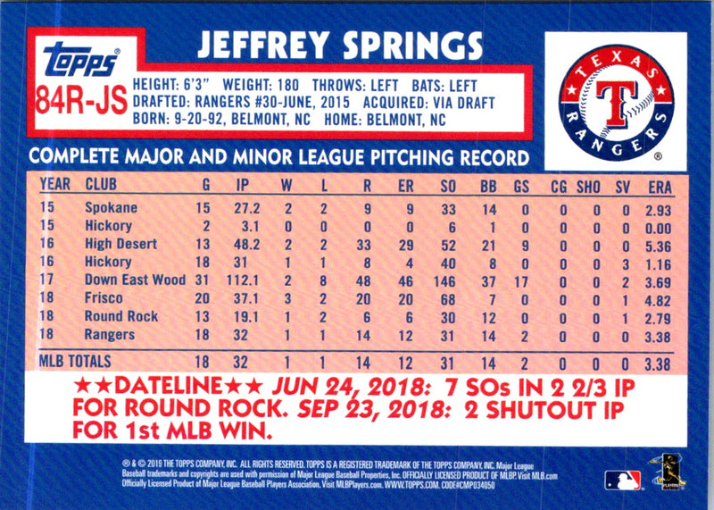 2019 Topps 1984 Baseball Rookies Jeffrey Springs