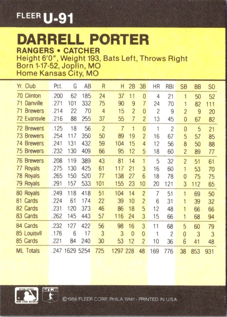 1986 Fleer Update Darrell Porter