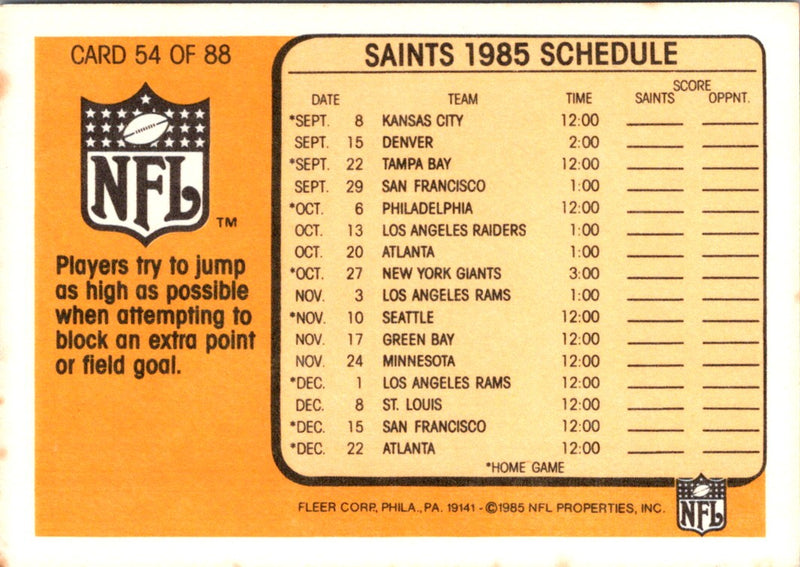 1985 Fleer Team Action Getting Off the Ground to Block the Kick (1985 Schedule)