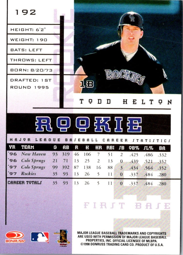 1998 Leaf Rookies & Stars True Blue Todd Helton