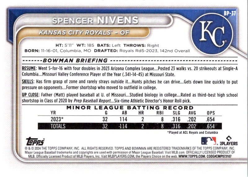 2024 Bowman Prospects Spencer Nivens